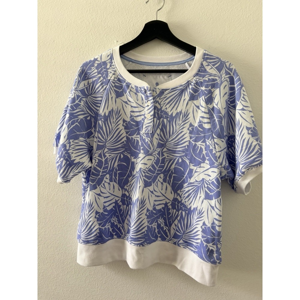 Tommy Bahama Women's Size Small Blue White Tropical Leaf Print Henley Sweatshirt